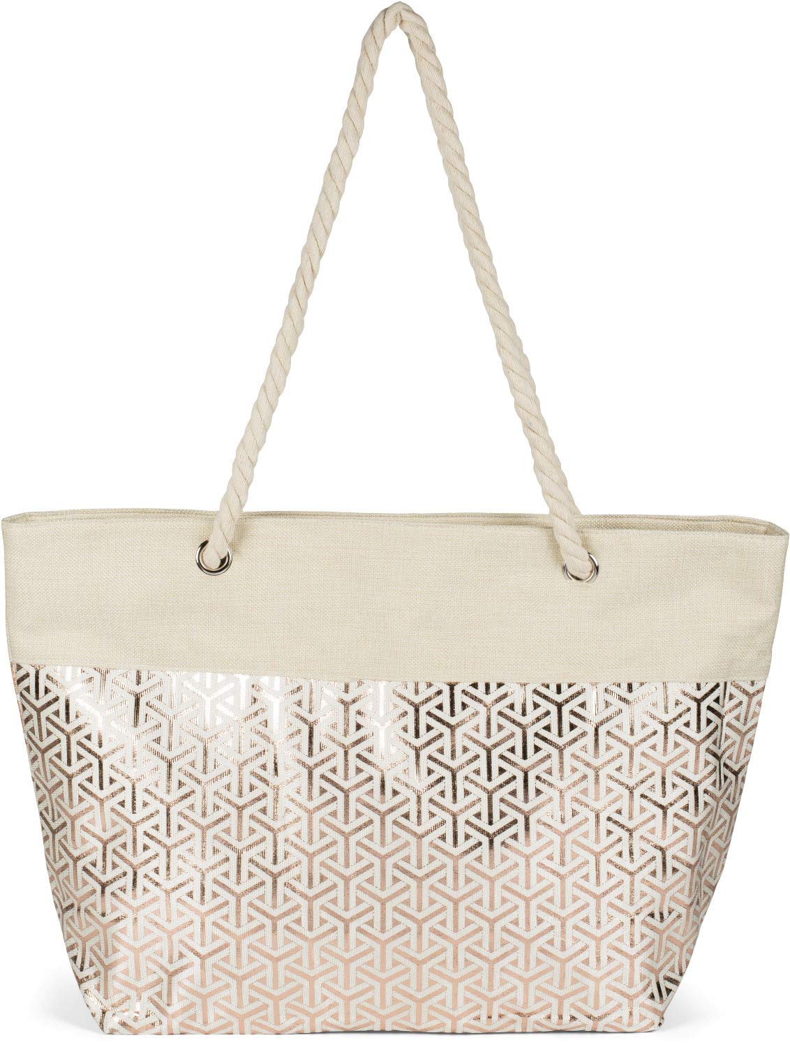 styleBREAKER Ladies XXL Large beach bag with metallic infinity pattern and zipper, shoulder bag, shopper 02012347, Colour:Beige- Rose Gold
