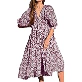 Casual Summer Dresses for Women Swing Floral Half Open Collar Boho Puff Sleeve Loose Midi Beach Dress