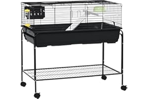 PawHut Two-Story Small Animal Cage Removable from Stand, Guinea Pig Cage with Shelf & Wheels, Pet Habitat for Hedgehog, Chinchilla, Ferret, 39" x 20.5" x 36.5", Black