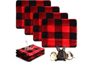 Haull 4 Pcs Waterproof Guinea Pig Bedding Winter Guinea Pig Bed Plush Cage Liners Soft Dog Cat Mat Reversible Winter Cozy Animal Pee Pad Hamster Bed Mat for Bunny (Red Black Plaid,13 x 10 Inch)