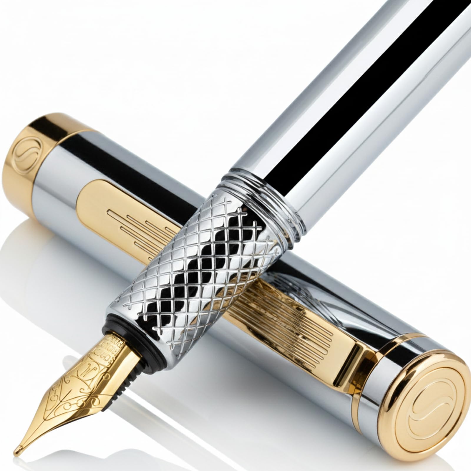 Scriveiner Silver Chrome Fountain Pen (Medium), Award Winning Luxury Pen, Heavy Pocket Pen, Real Gold Plating, Schmidt Nib, Converter, Best EDC Writing Pen Gift Set for Men & Women, Nice Fancy