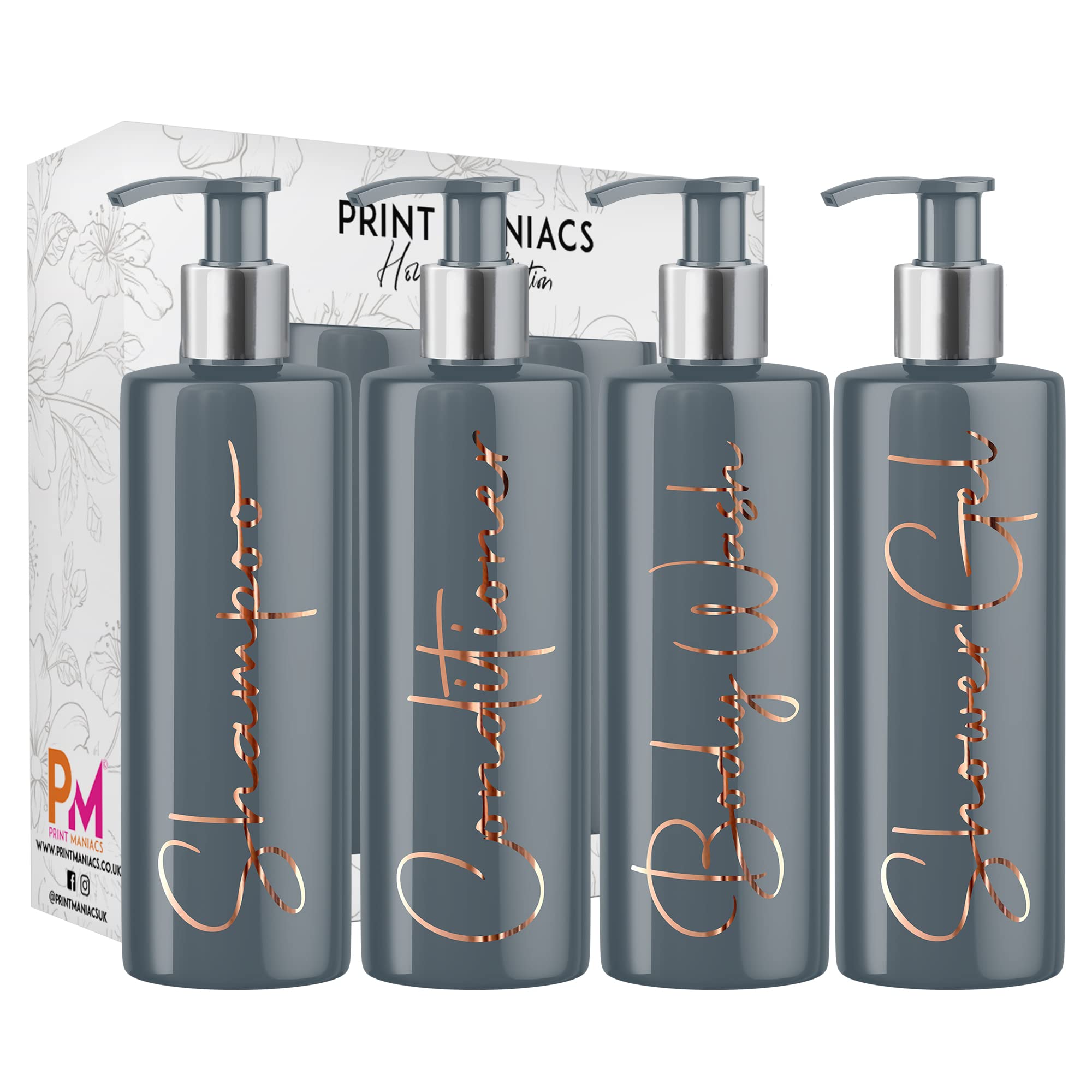Print Maniacs Grey Mrs Hinch Inspired Personalised 500ml Pump Bottles Bathroom Lotion Kitchen Set Shampoo Conditioner Body Wash F2 (Copper, Set 3 + Showergel)