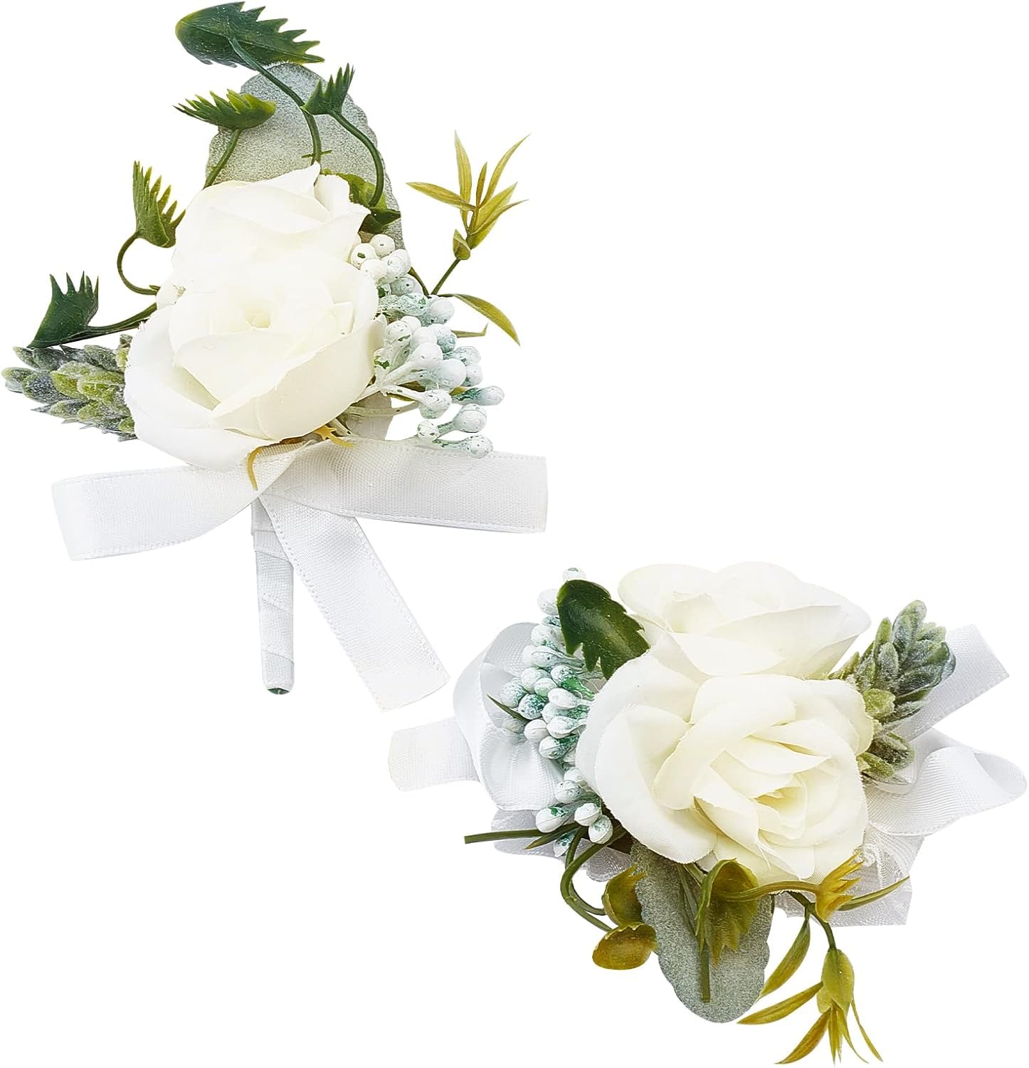 CRASPIRE 2PCS Flower Wrist Corsage Wedding Flowers Accessories Artificial White Rose Silk Elastic Wristband Boutonniere Buttonholes Groom and Bride