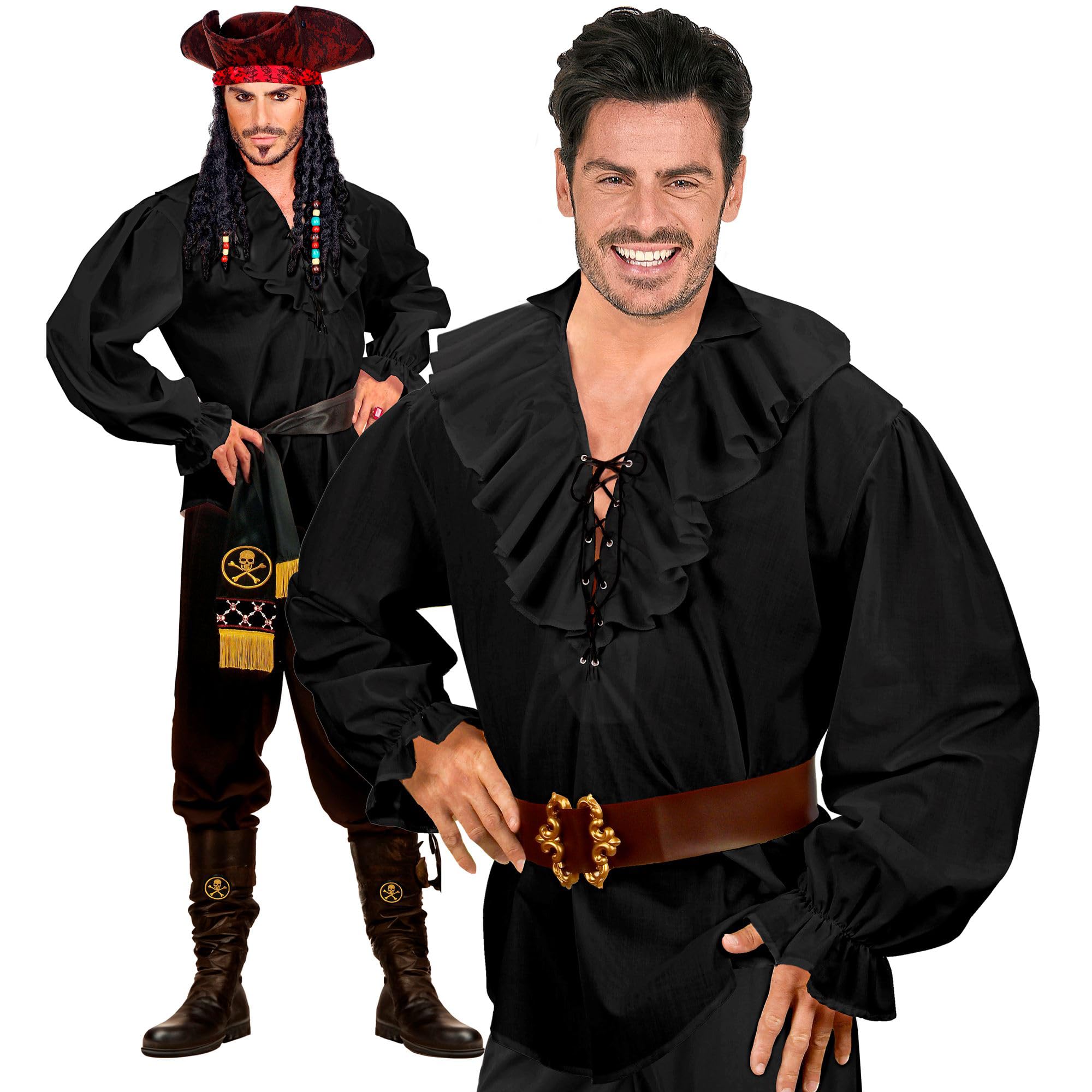 Pirate Shirt xL Mens - Black Costume Extra Large for Buccaneer Fancy Dress
