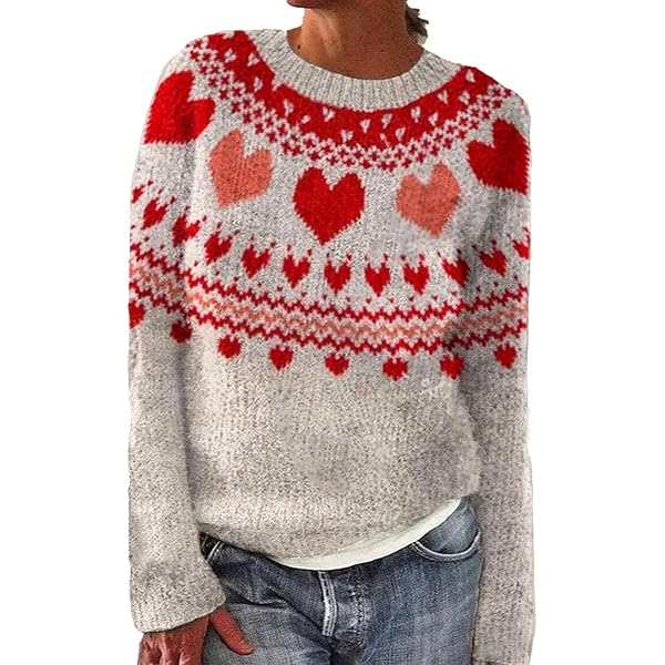 Spatofa Womens Cute Heart Sweaters Valentine's Day Knit Fair Isle