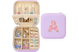 Nuozme Bling Sparkly Initial Jewelry Case,Personalized Gifts for Teen Girls,Kids,Women,Brides, Bridesmaids, Glitter Rhinestone Travel Jewelry Box,Easter Birthday Christmas Gifts, Small Size (Purple A)