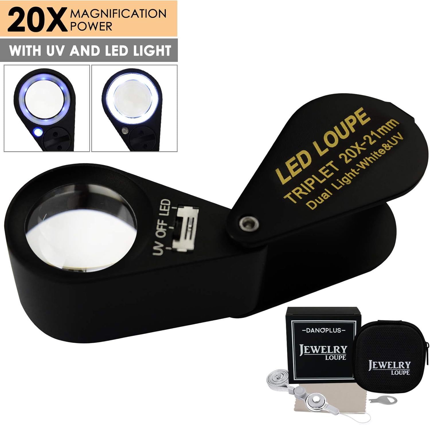 20x Magnifier Jewelry Loupe LED UV Light 21mm Achromatic Triplet Lens