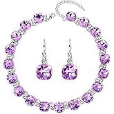 XILAZAB Clear Purple Austrian Crystal Wedding Bridal Jewelry Set for Brides Bridesmaid, Gemstone Statement Necklace and Earring Set Formal Prom Jewelry Set for Silver-Tone Fit With Wedding Evening Dress