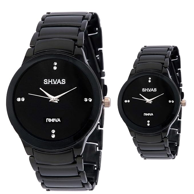 SHVAS Black Dial Elegant & Exquisite Couple Combo Watch with 6 Months Replacement Warranty [REEVABLACKC]