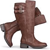 Chicblooms Women's Extra Wide Calf Block Heel Stacked Buckle Hidden Stretch Knee High Boots