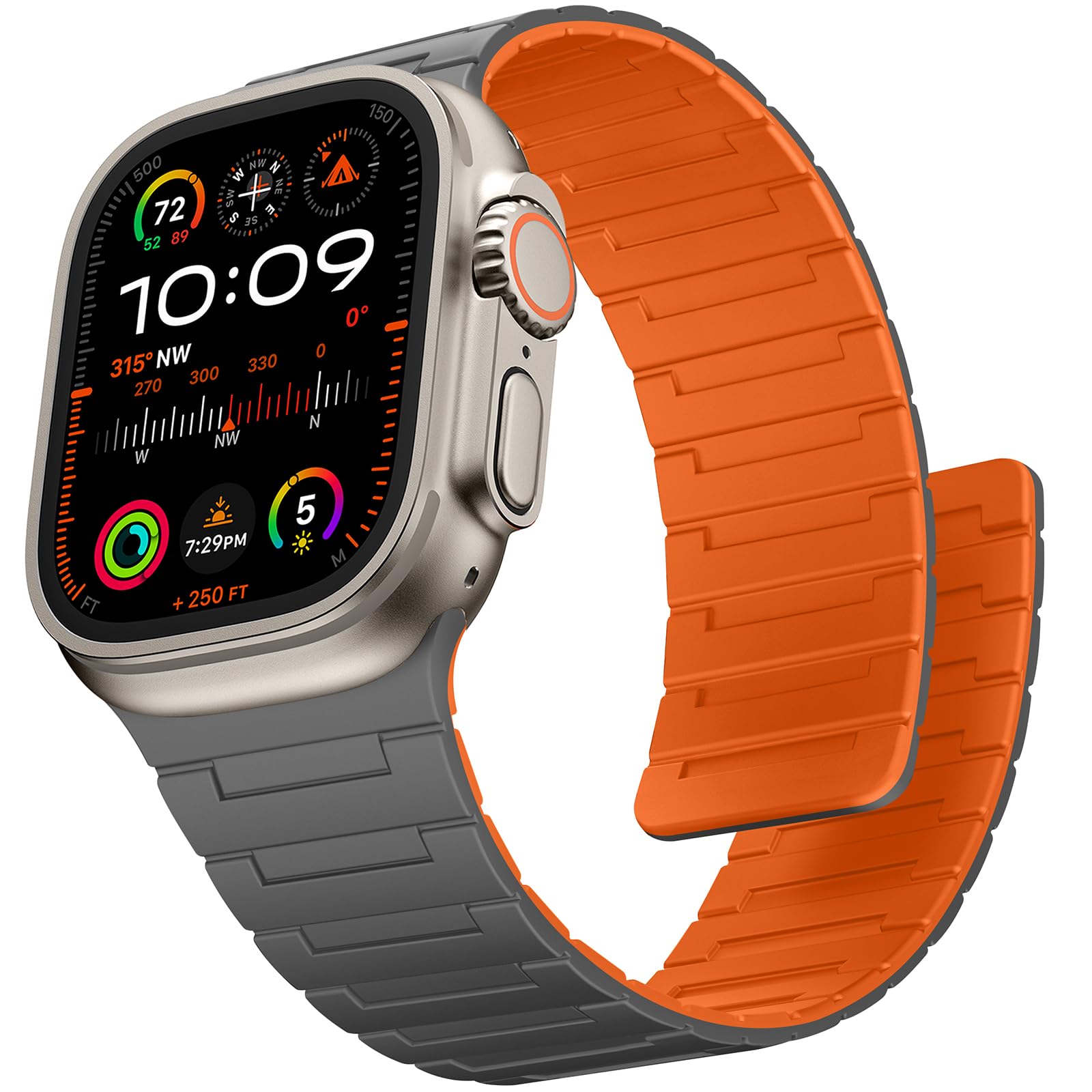 Suphart Strong Magnetic Strap Compatible with Apple Watch Strap 49mm 46mm 45mm 44mm 42mm 41mm 40mm 38mm, Silicone Band for iWatch Ultra 2 SE Series 10 9 8 7 6 5 4（49/46/45/44/42mm, Gray-Orange）