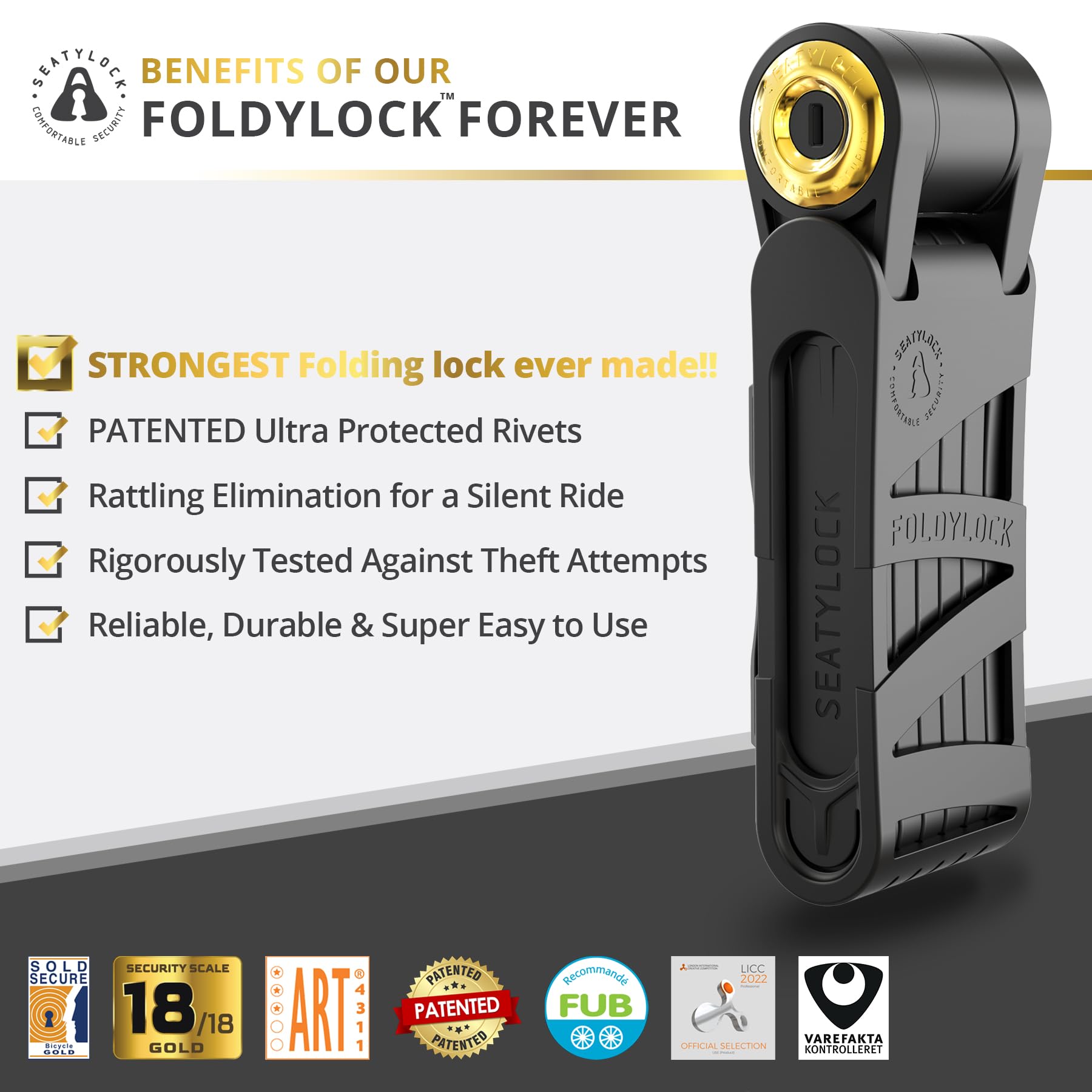FoldyLock Forever Folding Bike Lock - Patented Sleek High Security Sold Secure Gold Bicycle Lock - Heavy Duty Anti Theft Smart Guard with Keys - 90cm