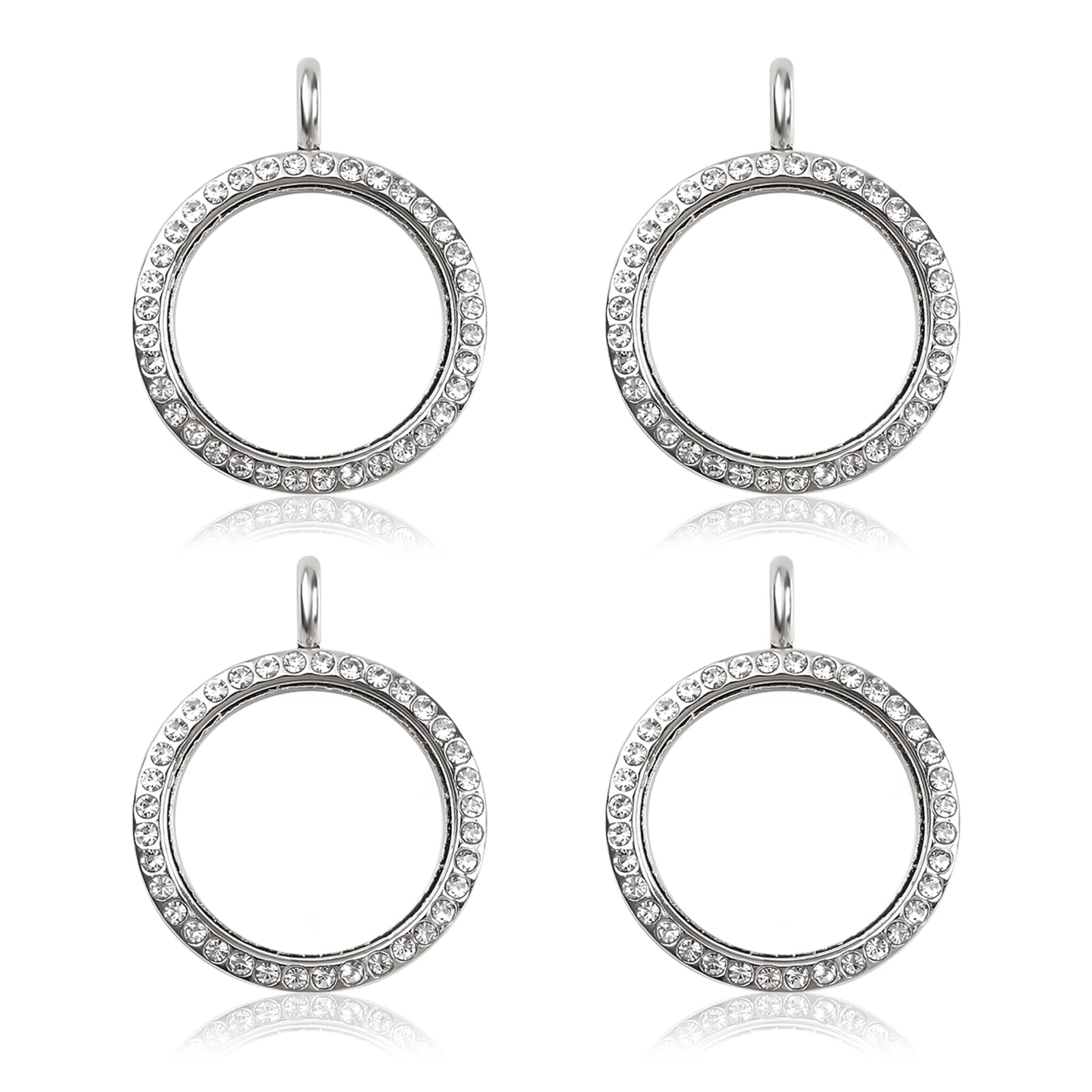 WANDIC Rhinestone Photo Charms, 4 pieces silver Round Memory Locket Pendant Bridal Wedding Bouquet Charms for Photo or Decoration, 30mm
