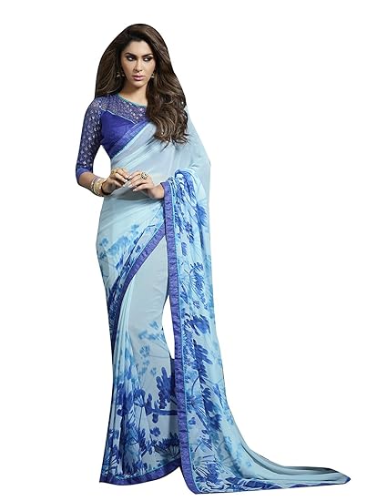 Womens Bamberg Georgette Saree with Unstitched Blouse Piece (SP8-7516_Blue)