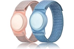 QONUIY Kids Wristband Compatible with Apple AirTag, Protective Case for Air Tag GPS Tracker Holder with Nylon Bracelet, Adjustable Anti Lost Watch Band for Toddler Child Elder(Pink&Blue)