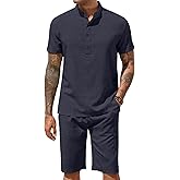 COOFANDY Men's 2 Pieces Set Short Sleeve Henley Shirts and Shorts Pants Texture Summer Beach Vacation Outfits