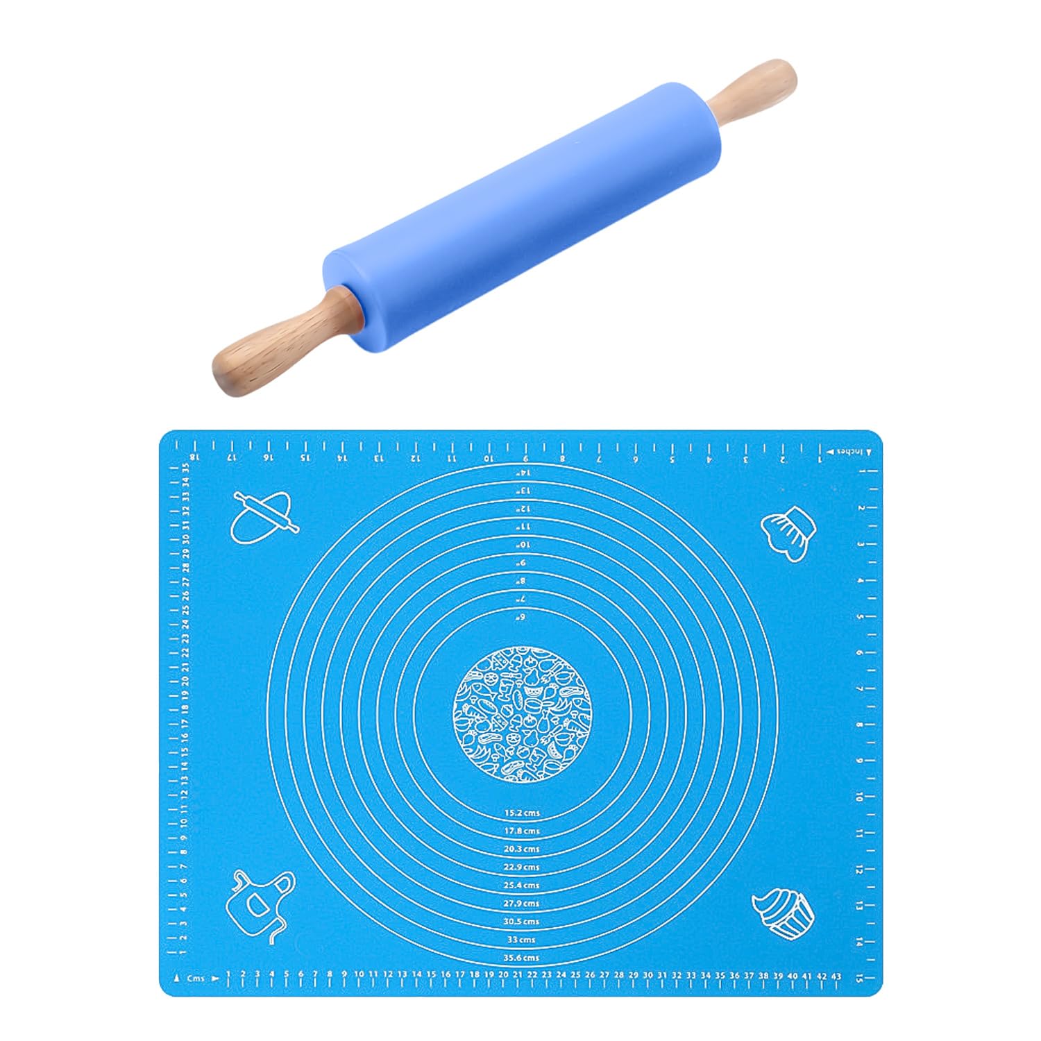 1 Piece Rolling Pin for Baking, 1 Piece Silicone Kneading Mat, Fondant Rolling Pin, Wooden Rolling Pin, Clay Rolling Pin, Silicone Dough Roller, Dough Sheeter (Blue)