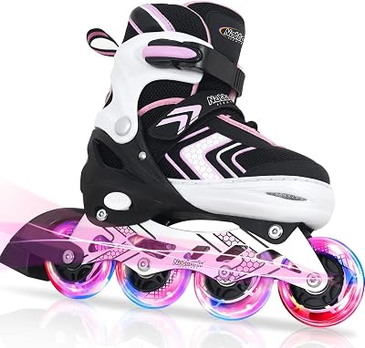 Nattork Adjustable Inline Skates for Girls Pink Size 10-13 with LED Wheels