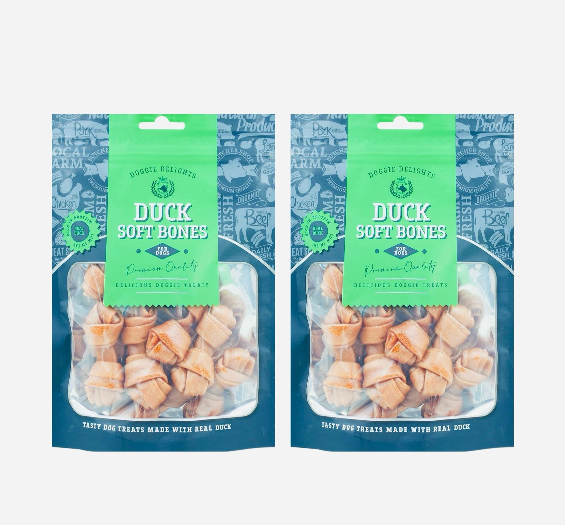 2x Doggie Delights Dog Treats For Dogs Premiam Quality Delicious Doggie Healthy Treats High In Protein Low in Fat Real (2x Duck Soft Bones - Each 160g)