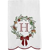 Mary Square Christmas Wreath Monogram H Tea Towel Red and White 14 x 6.5 All Cotton Kitchen Hand Towel | Festive Holiday Home Décor & Giftable