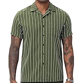 TUNEVUSE Men Hawaiian Shirt Vintage Striped Shirt Short Sleeve Summer Beach Causal Cuban Collar Shirt with Pocket
