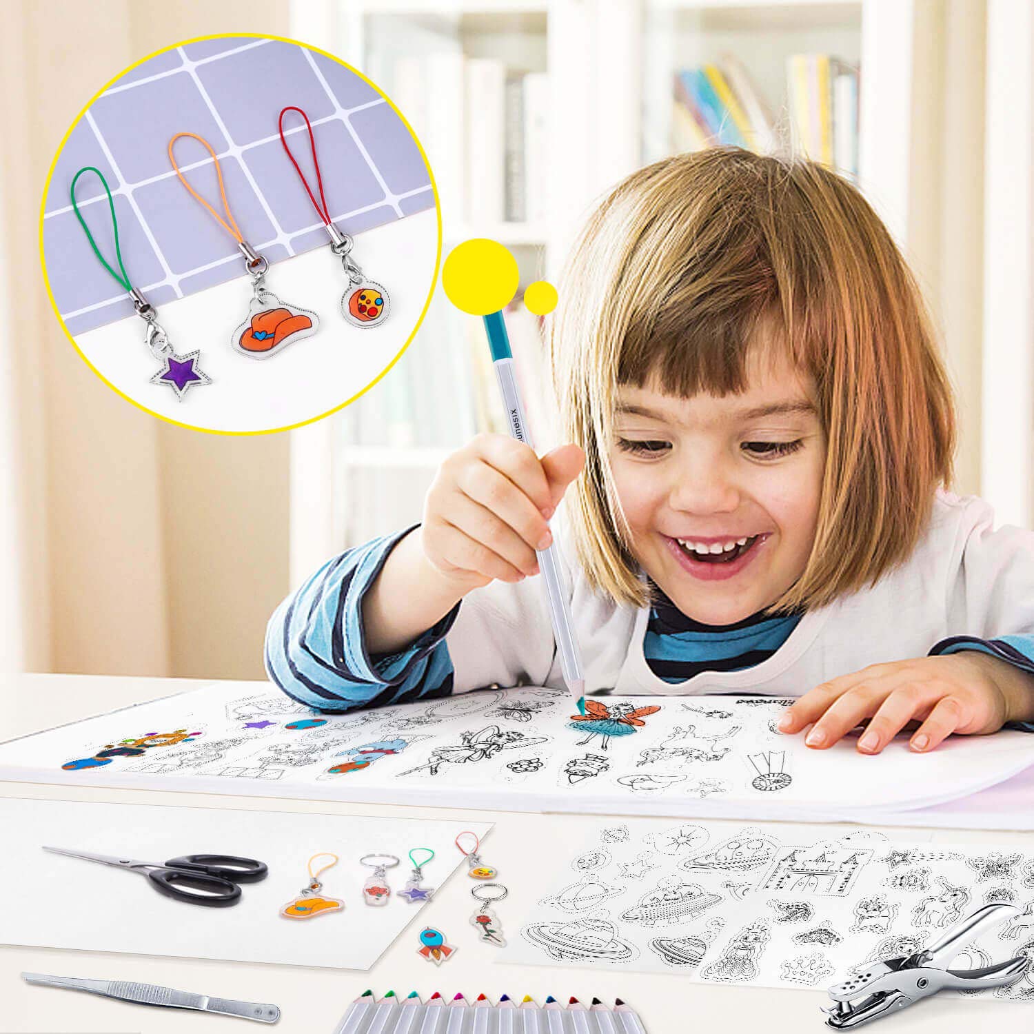 shynek Shrinky Film Sheets for Shrink Art, 125Pcs Shrinky Plastic Keychain Kit Including 20 Pcs Shrinky Paper, Hole Punch, Pencils, Keychains, Tweezers, Scissors for Crafts and Keychains