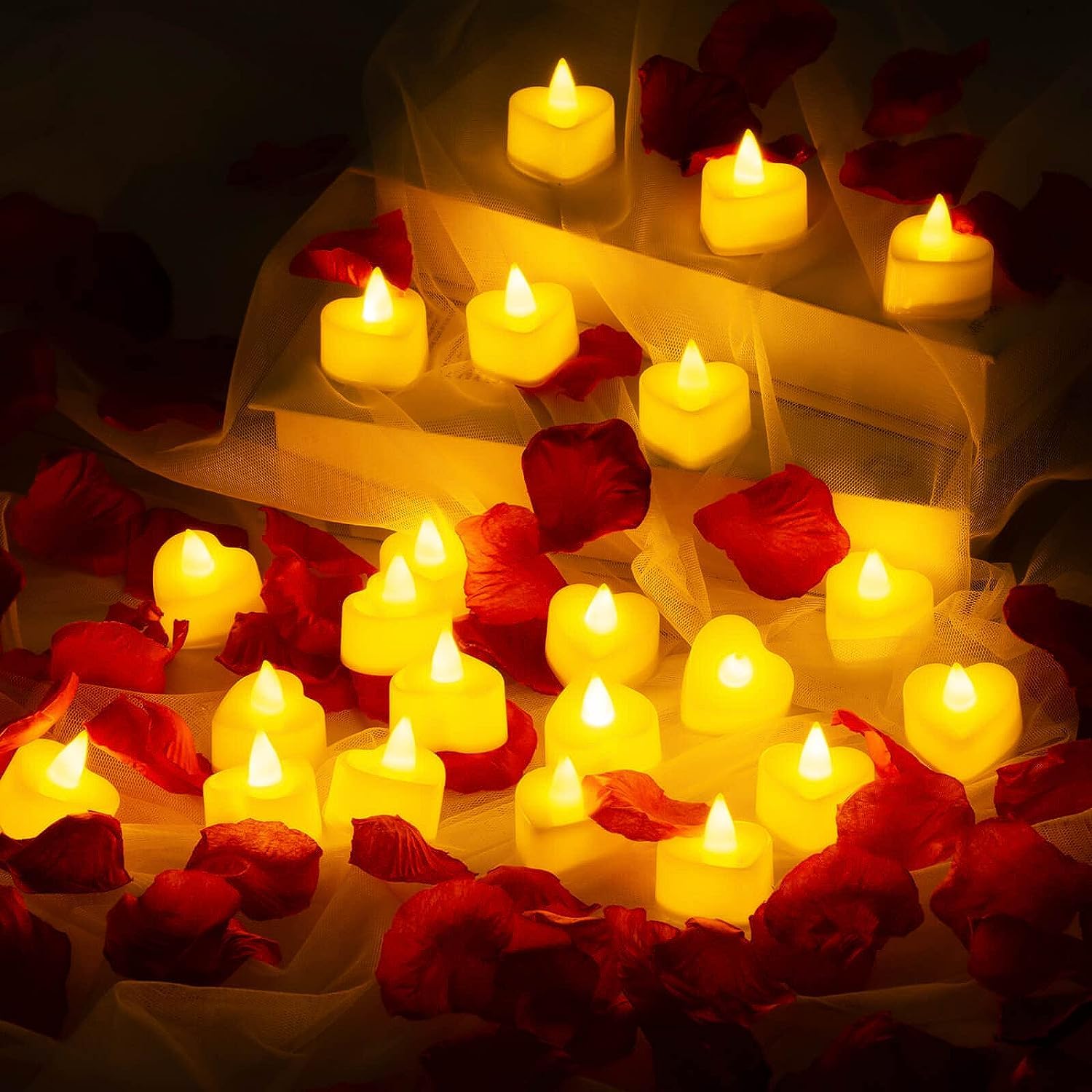 LZMDISU 24 Pieces Romantic Heart LED Candle, Heart LED Love Tealight Candle for Valentine's Day Wedding Table Decor Aisle Party Decor (Excluding Artificial Rose Petals)