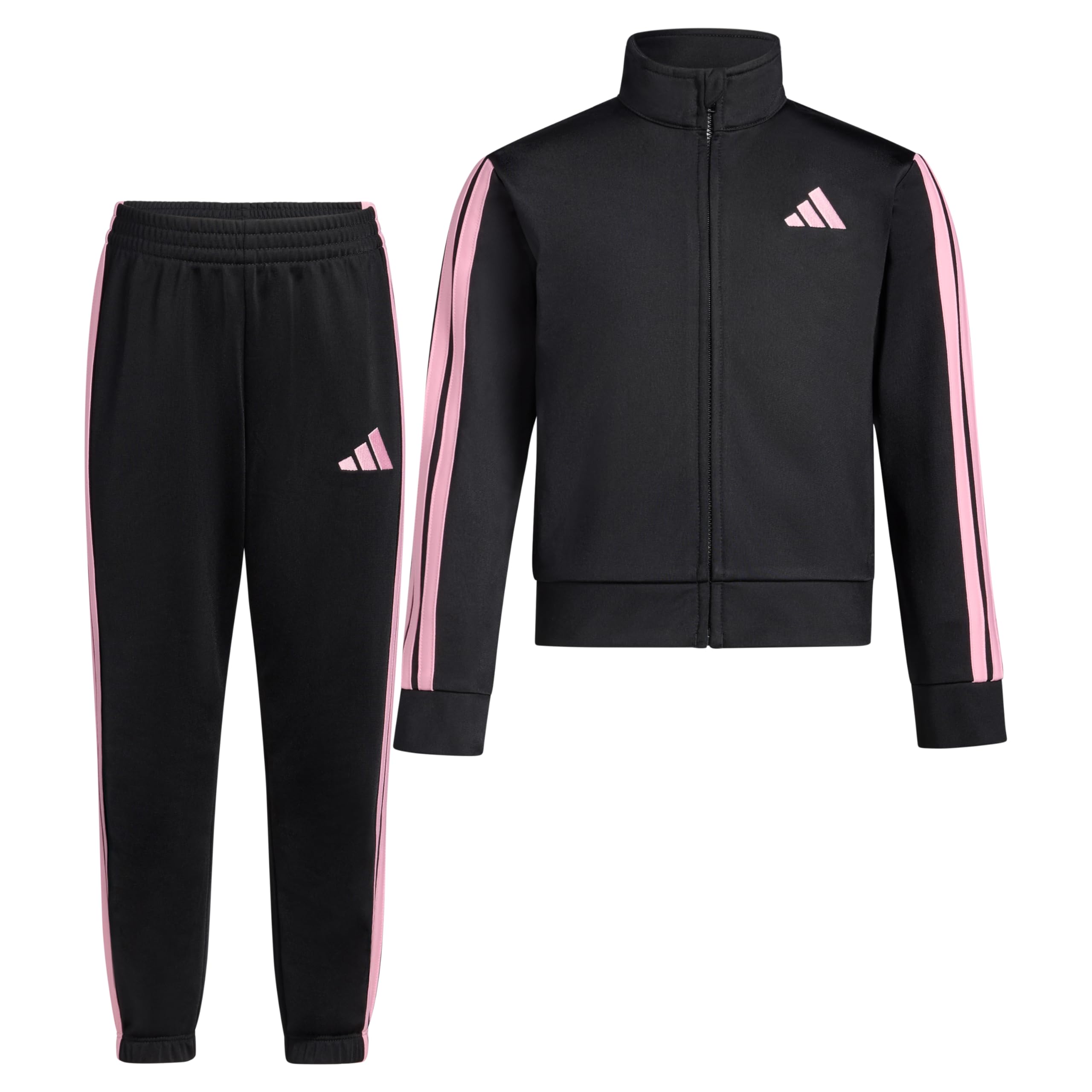 adidas Little Girl's Zip Front Classic Tricot Jacket and Joggers Set, Black/Pink, 6X Image