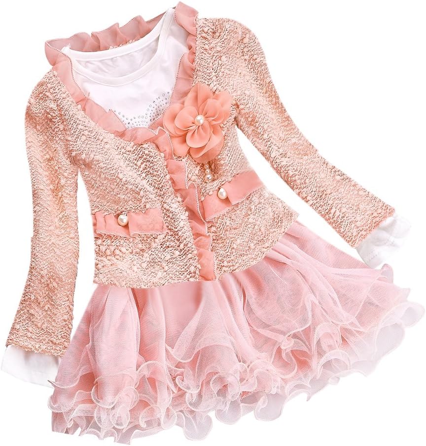 DFXIU Kids Girl Outfit Jacket Tutu Top Dress Flower Pearl 2pcs Pink Skirt