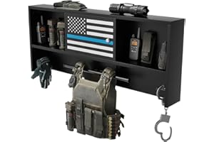HUATOL Police Gear Rack, Wall Mounted Police Hanger, Free-Standing All Iron Frame Police Gift Decor with Flag, Police Vest Hanger with 2 Hooks for Police Station, Fire Department, Office