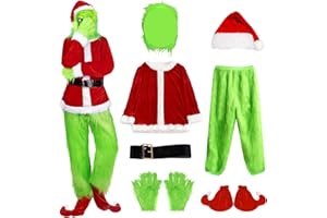 Fusoeri Green Monster Costume,7PCS Christmas Costume Green Santa Suit Furry Funny Xmas Set with Mask for Men Women Adults