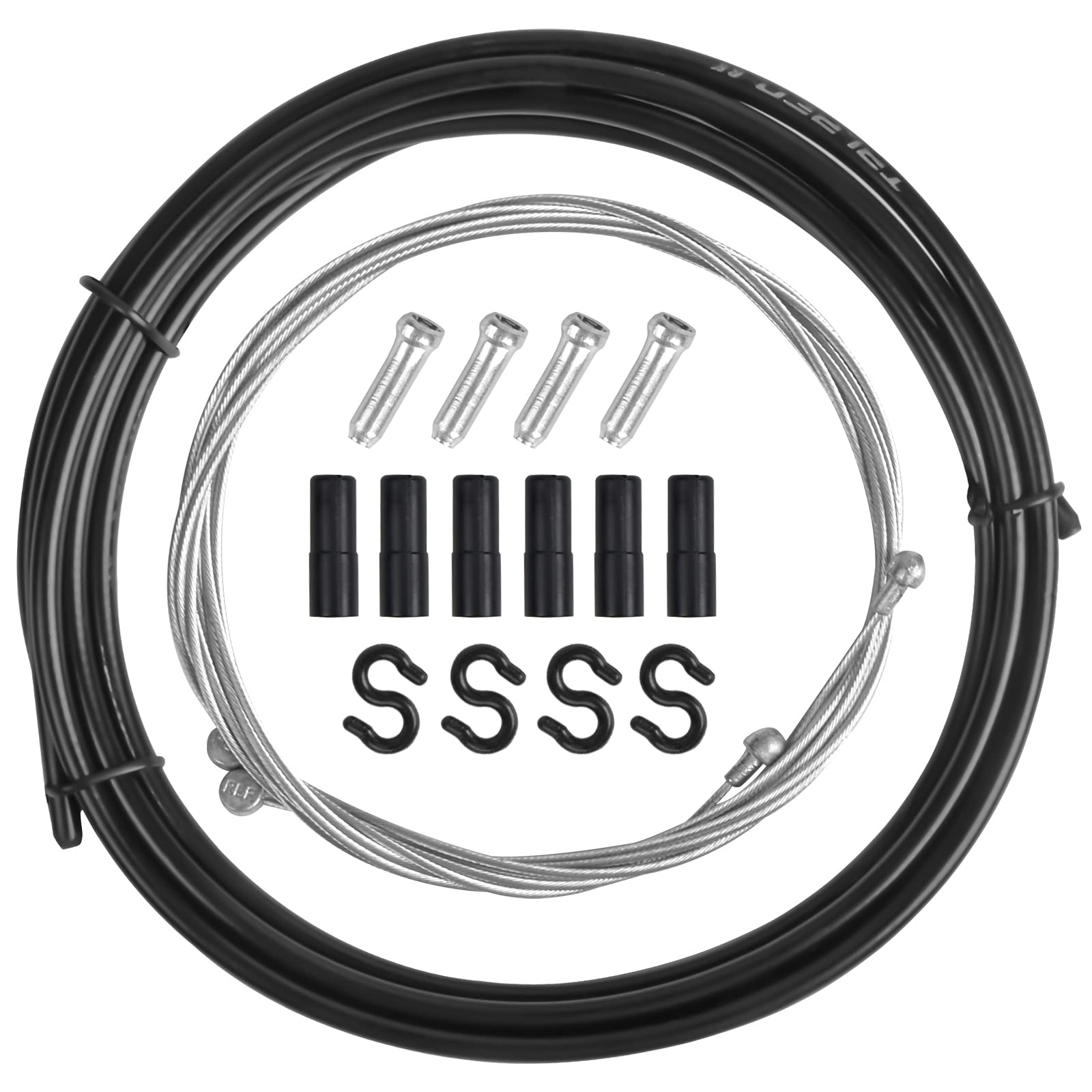 Bicycle Brake Cables Housing Kit, Bike Front & Rear Gear Shifter Cable MTB Cable Set with Aluminum End Crimps Caps S-Hook for Mountain Road Bike Universal Bicycle Cycling (Black)