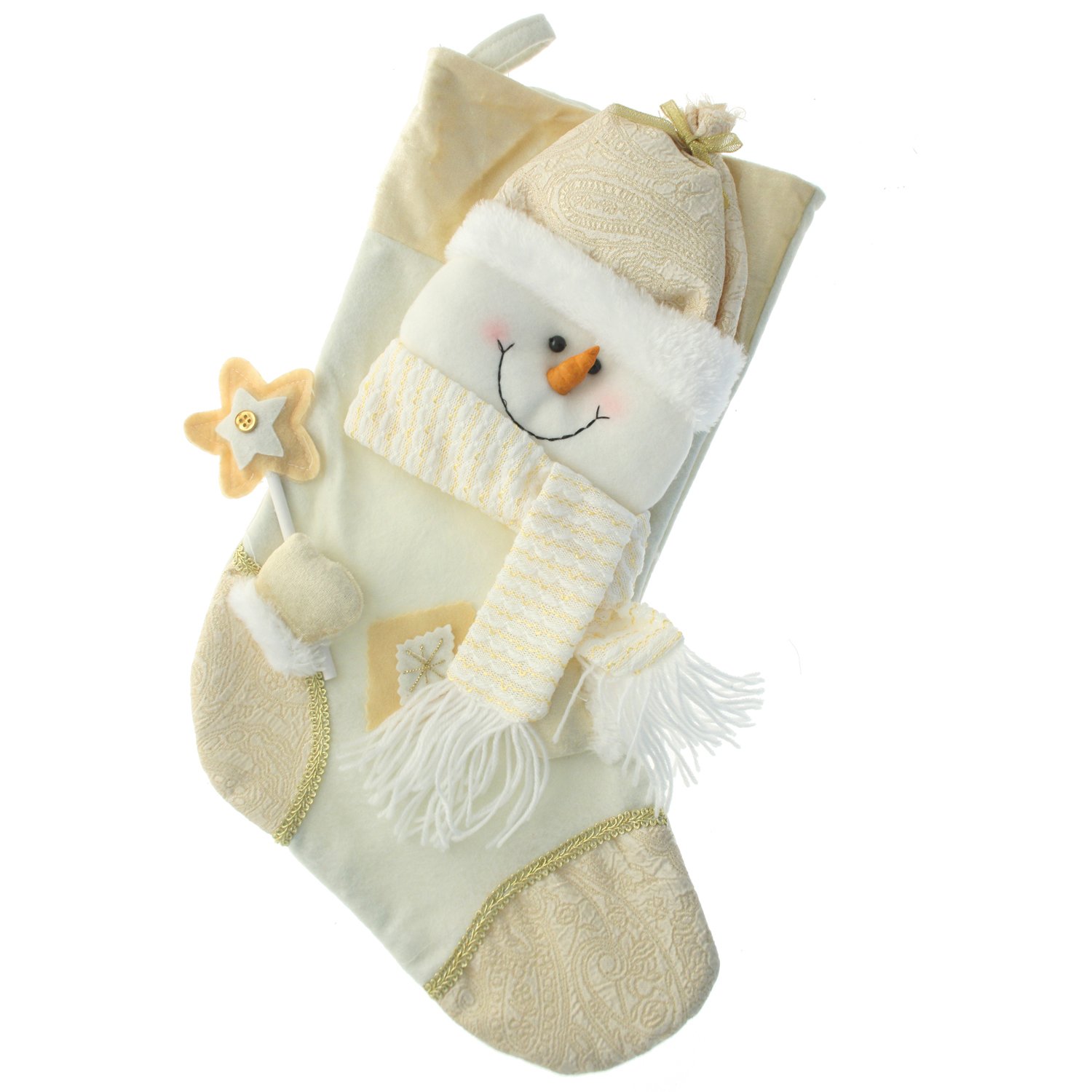 WeRChristmas Christmas Stocking with 3D Snowman Head Decoration, 48 cm - Cream/Gold