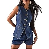 WDIRARA Women's Button Down Denim Vest Sleeveless Tank Top Jean Waistcoat with Metal Buckle
