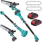 Electric Pole Saw for Tree Trimming, 6" Brushless Mini Chainsaw Cordless with Extension Pole 2 Batteries, 2-in-1 Handheld & P