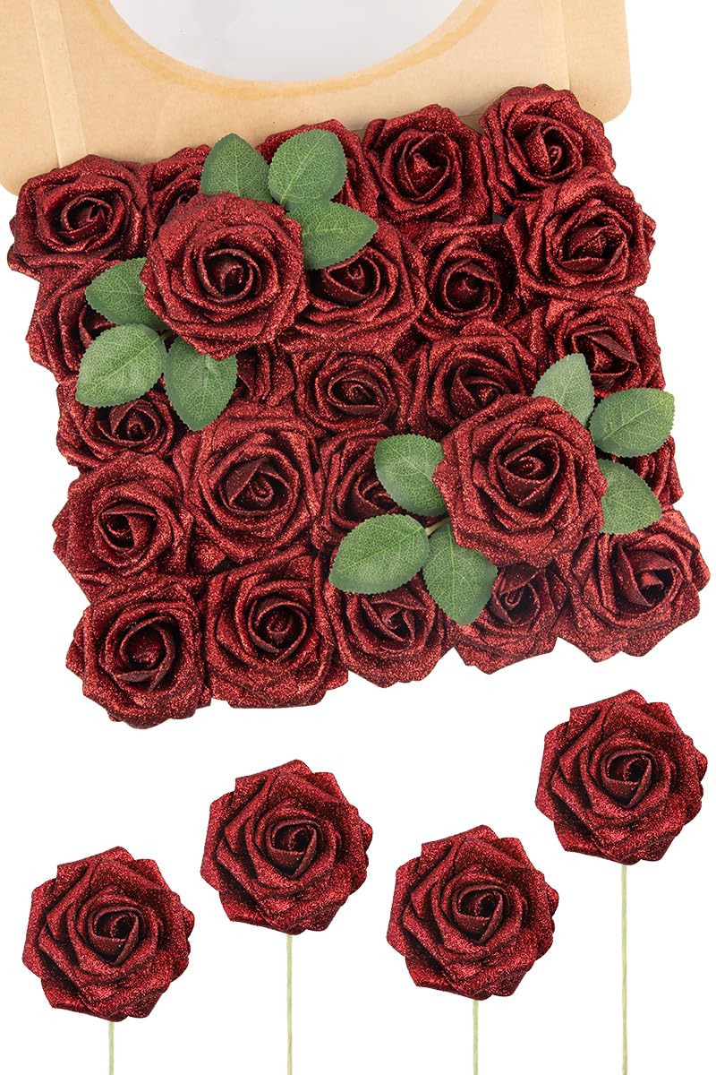 N&T NIETING Artificial Flowers Glitter Rose, 25pcs Fake Roses Flowers with Stems Real Touch Faux foam Roses for Wedding Bouquets Party Baby Shower Home Christmas Decoration(Red)