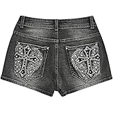 WDIRARA Women's Cross Embroidery Rhinestone Denim Shorts Y2k Grunge Punk Jean Shorts