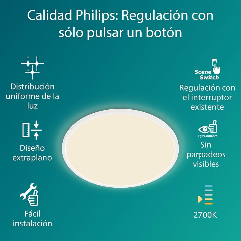 SuperSlim Plafón LED de techo con SceneSwitch (15 W), 3 niveles de brillo, Luz blanca cálida, EyeComfort, blanco, 25 cm