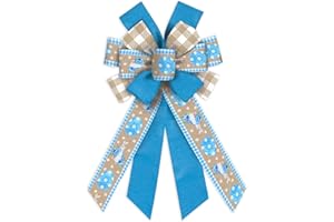 HEUREPPY Large Easter Wreath Bows Easter Burlap Linen Bows Lake Blue Easter Egg Plaid Bunny Fabric Ribbon Bows for Wreath Easter Decor Bows for Easter Day Spring Party Indoor Outdoor Wreath Decoration Supplies