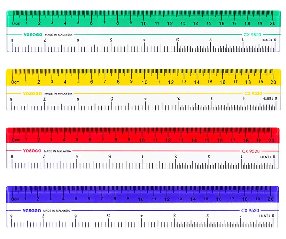 Yosogo 8 inch Rulers | 20 cm Rulers | Transparent Plastic Ruler | Pack of 12 of Premium Quality Rulers | Yellow, Green, Red and Blue