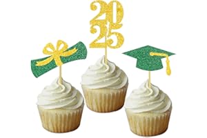 DOMOO OF DREAMS Graduation Cupcake Toppers Grad Party Decoration Food Picks Congrats Glitter Diploma Cap School Colors Supplies 24 PCS Green Gold