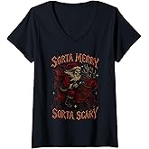 Womens Sorta Merry Scary Skeleton Santa Funny Christmas Graphic V-Neck T-Shirt