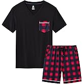 MoFiz Mens Pajama Set Summer Pjs Sleepwear Nightwear Lightweight Quick Dry Soft Short Sleeve V-Neck Pjs Sleep Set With Pocket