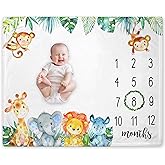 Yuzioey Safari Baby Monthly Milestone Blanket, Jungle Animals Baby Growth Chart Month Blanket, Watch Me Grow Boy Safari Nursery Gift for New Moms, Includes Marker (50"x40")