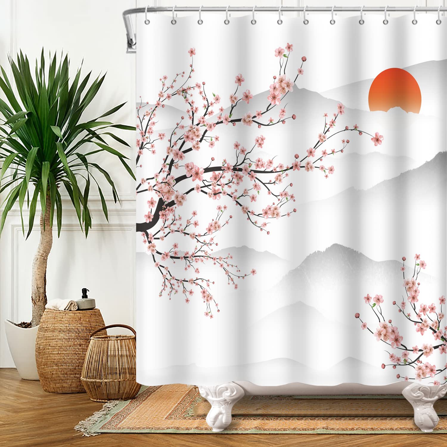 SDOTPMT 180x180cm Asian Cherry Blossom Shower Curtain Japanese Mount Fuji Peach Blossom Branch Bathtub Curtain Sunrise Mist Bathroom curtain for Bathroom Decor Fabric Waterproof with Hooks
