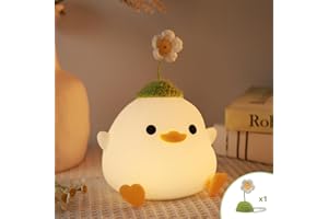 Attivolife Cute Duck Night Light, Animal Soft Silicone LED Lamp with Dimmable and Timer, Portable USB Rechargeable Bedroom Bedside Table Decor, Birthday Christmas Gifts for Girl Boy (Flower Hat)