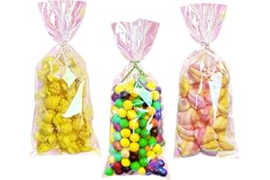 Yotelab Valentine's Day Cellophane Treat Bags, 4x9 Inches Iridescent Holographic Cellophane Goodie Bags, Party Favors Bags with Twist Ties,100Pieces