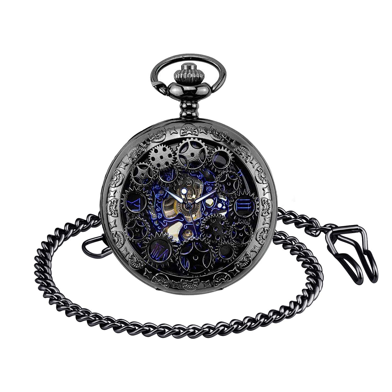 MICGIGI-Unisex Mechanical Hand-wind Pocket Watch Retro Gear Punk Skeleton Pocket Fob Watches with Chain
