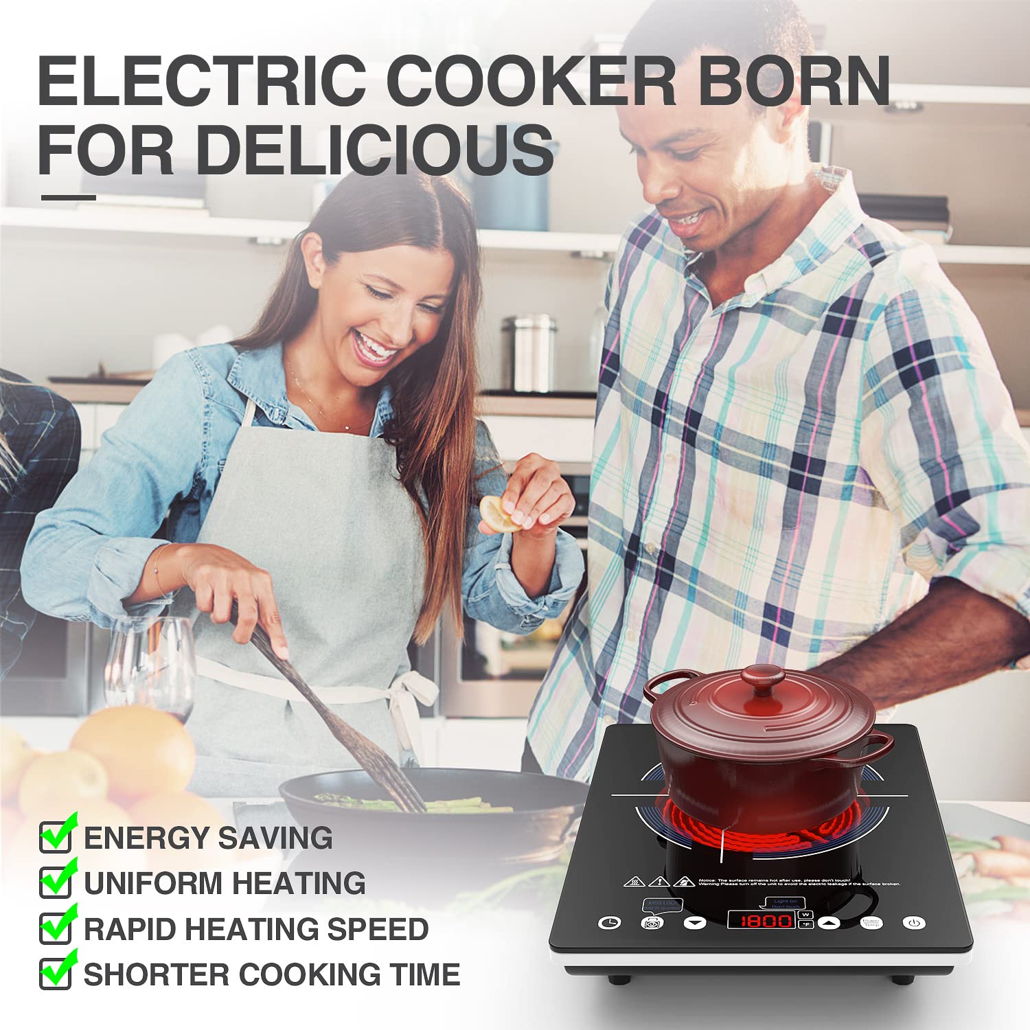 VBGK Electric Cooktop,110V Electric Stove Top,Single Burner LED Touch Control,9 Power Levels, Kids Lock &Timer,Overheat Protection,1800W Portable Induction Cooktop.