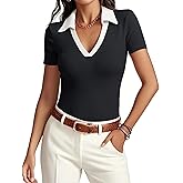 Meetrendi Womens Short Sleeve Business Casual Tops Summer V Neck Polo Work Shirts 2025 Fitted Basic Collared Shirt